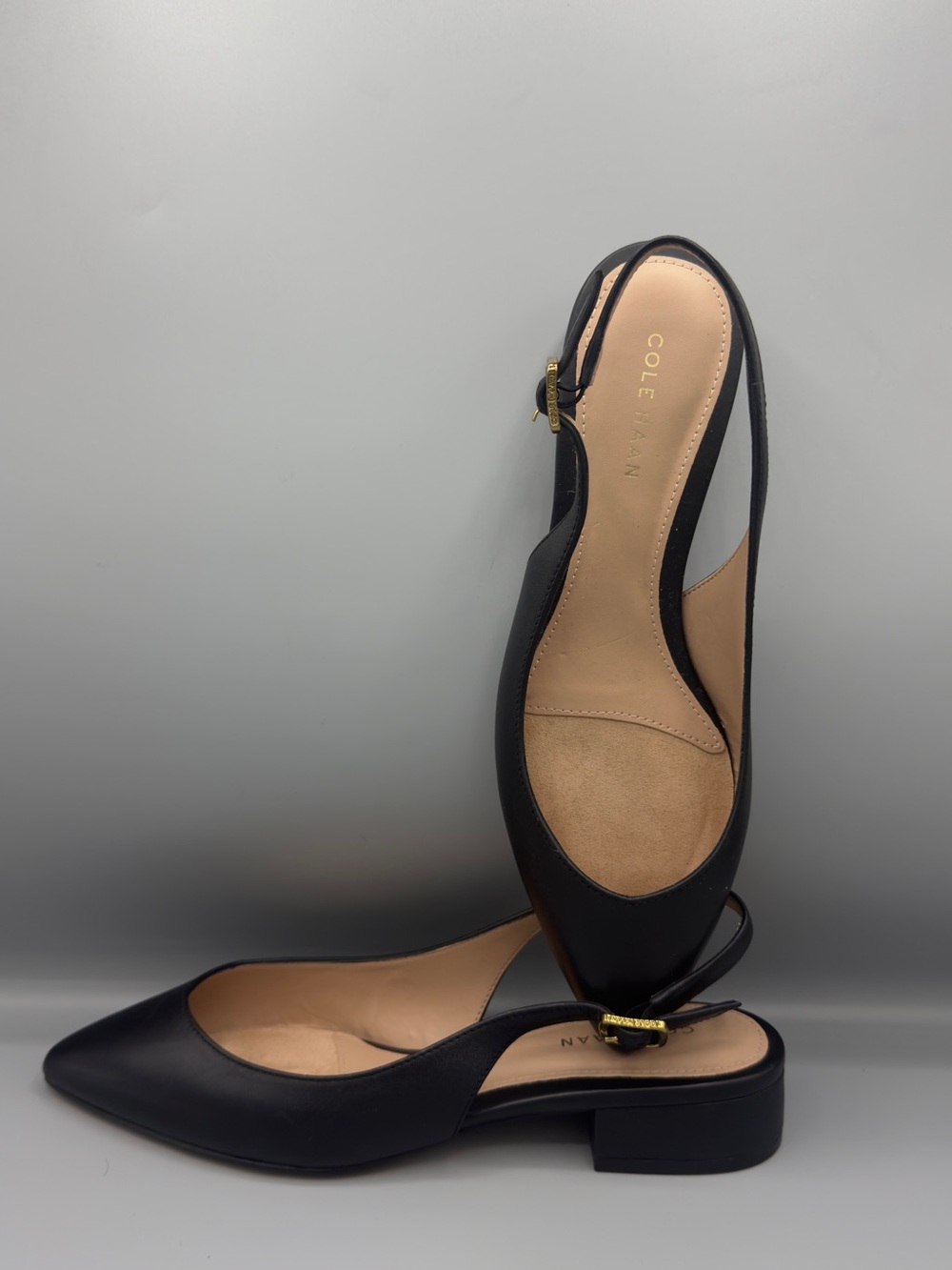 Cole Haan Black Pointed Slingback Flats with Gold Buckle